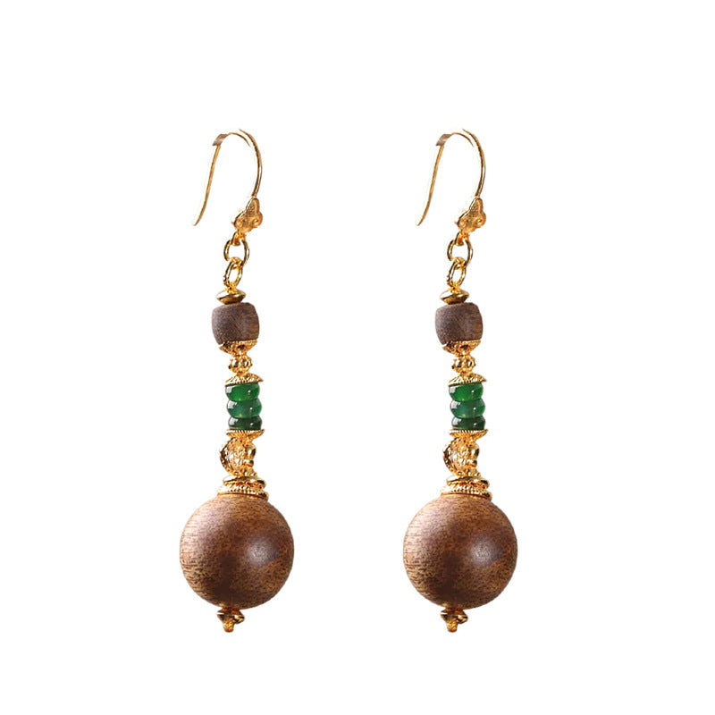 Handmade Agarwood & Jade Drop Earrings | 18K Gold Plated S925 Silver, Natural Wood Ethnic Jewelry