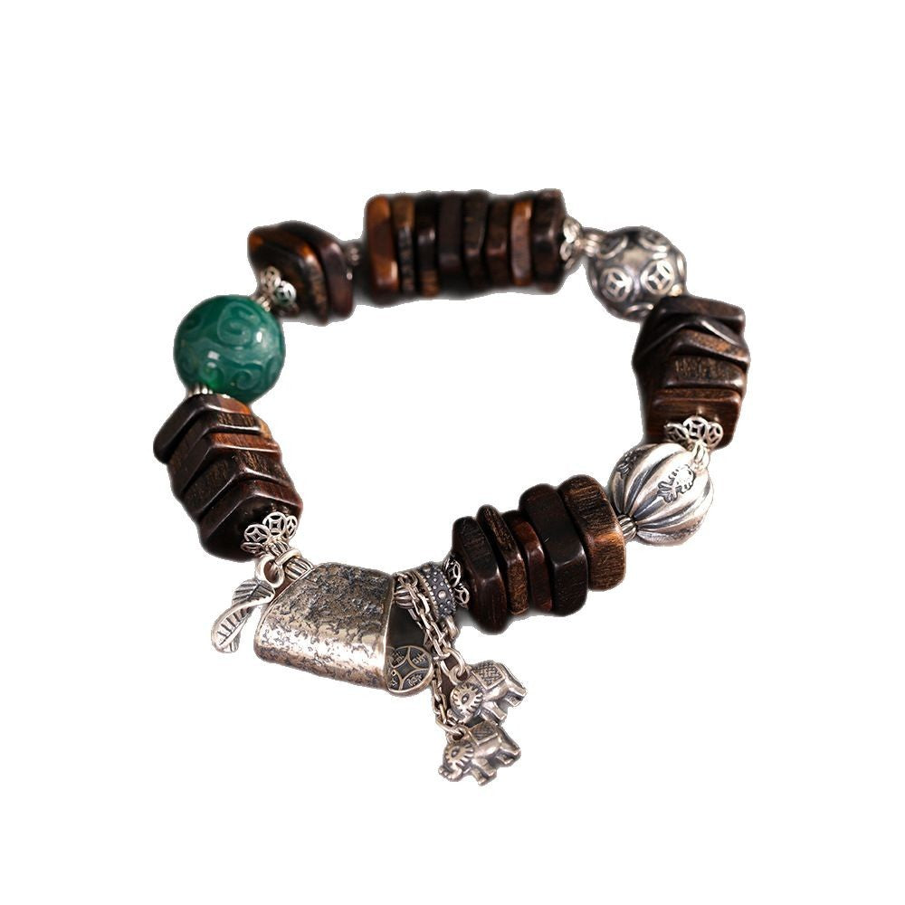 Vintage Fashion Green Agate Agarwood Bracelet, S925 Silver Elephant Accessories, Ethnic Geometric Hand Chain