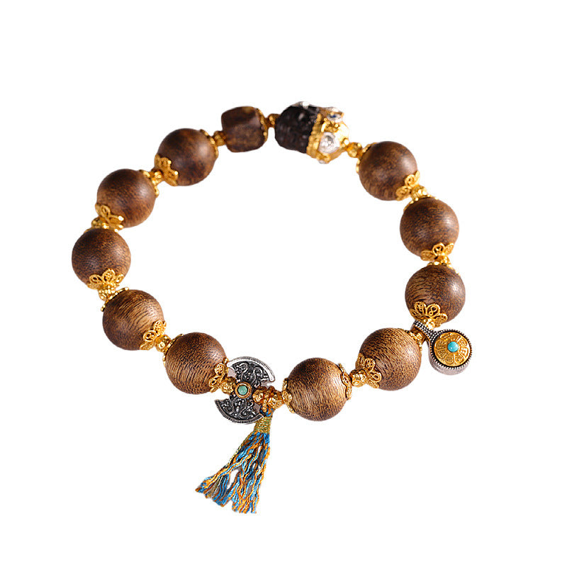Factory Live Streaming Agarwood Round Bead Bracelet, Qi Nan Double Happiness Wealth Handmade Bracelet