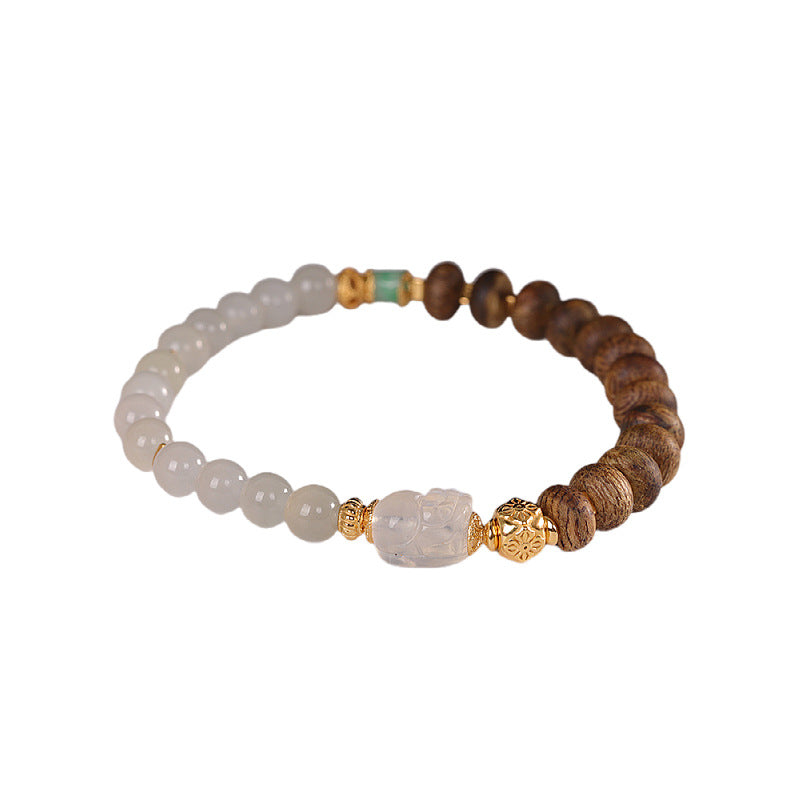 S925 Sterling Silver Gold-Plated Hardware Paired with Agarwood & Hetian Jade Bracelet – Versatile Niche New Chinese Style Handmade Jewelry for Women