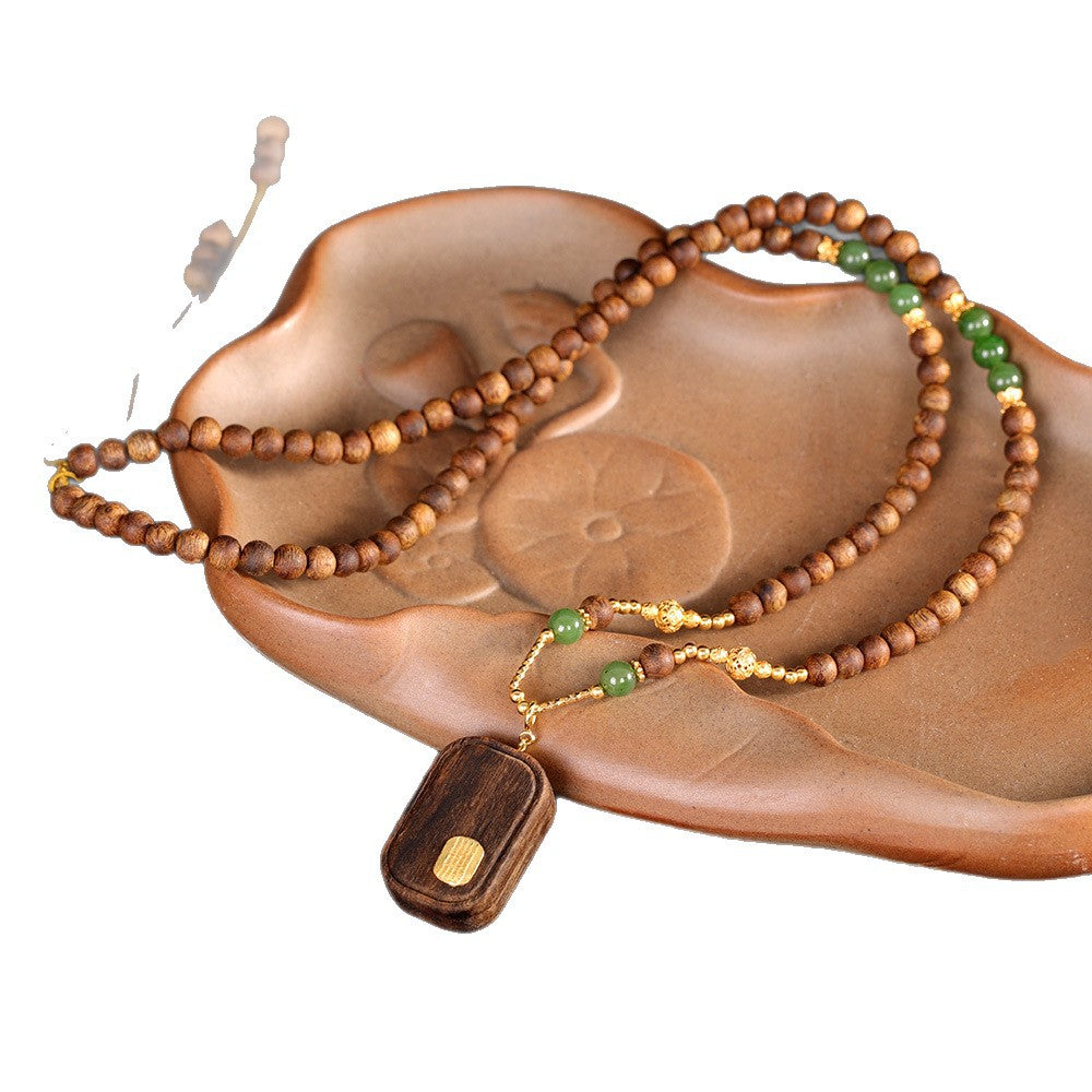 Natural Jadeite Agarwood Peace Talisman Vintage Sweater Chain – S925 Sterling Silver Necklace