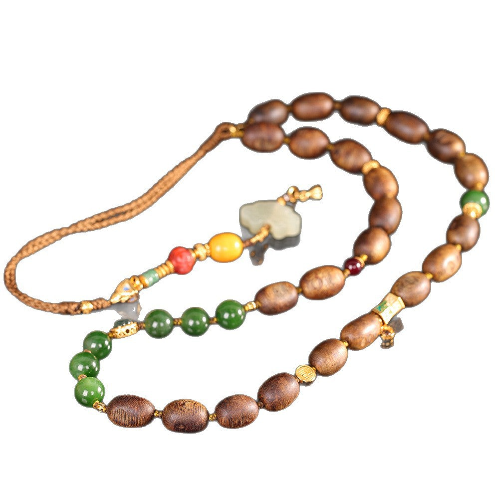 S925 Sterling Silver Gold-Plated Accessories | Agarwood Necklace with Jade and Amber – Vintage Artistic Versatile Jewelry