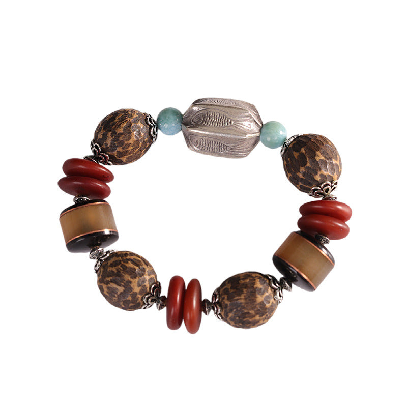 Vintage Fashion Amber Agate Sea Sediment Agarwood Duobao Bracelet, Ethnic Handmade DIY Beaded Bracelet