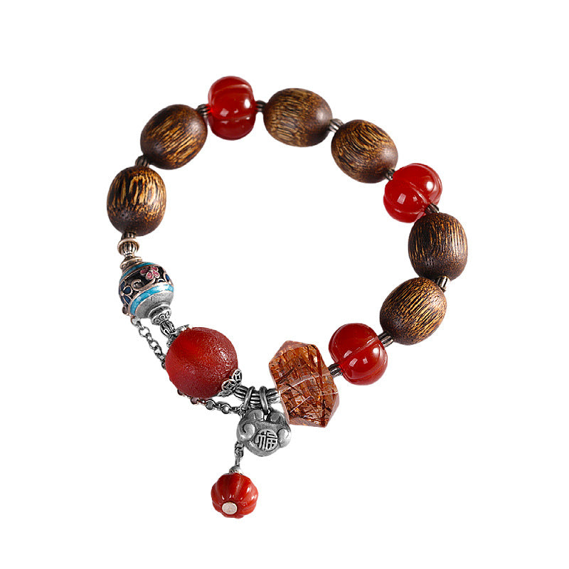 Vintage Fashion Fortune-Character Nanhong Agarwood Bracelet, Super Seven Agate, Ethnic Handmade DIY Beaded Bracelet