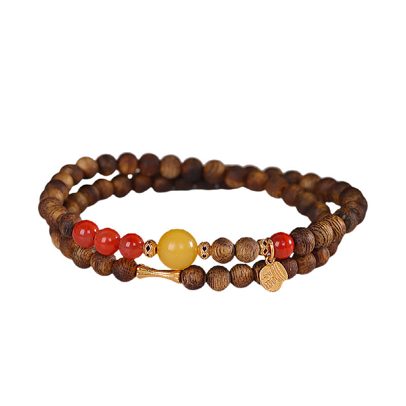 Artistic Retro Double-Ring Bangle, S925 Sterling Silver Plated Gold with Agarwood, Beeswax & Red Agate – Personalized Boho Bracelet for Women