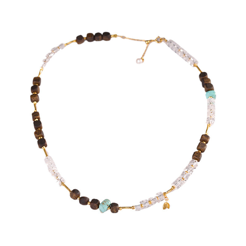 Light Luxury Artistic Necklace – Agarwood with White Crystal & Turquoise, S925 Sterling Silver Gold-Plated