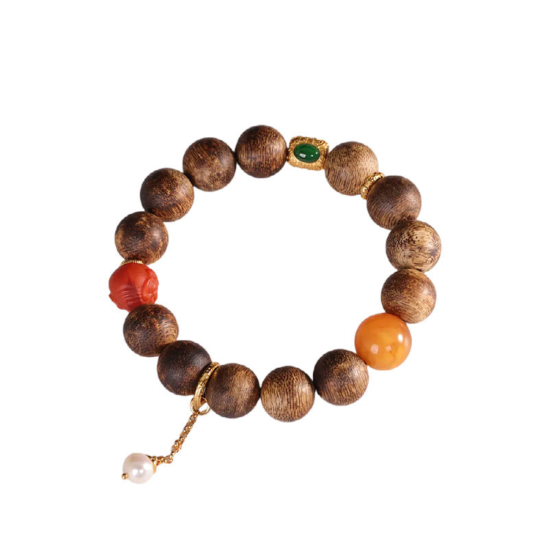 S925 Sterling Silver Plated Gold Qinan Agarwood Bracelet, Handmade Beeswax Amber Red Agate Charm Beaded Bracelet for Women, Collectible Natural Stone Jewelry