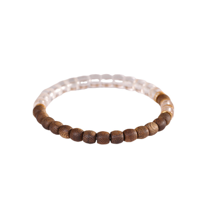 Vintage Literary Bracelet, S925 Sterling Silver Gold-Plated, Qi Nan Agarwood with White Crystal, Single-Round Wristband