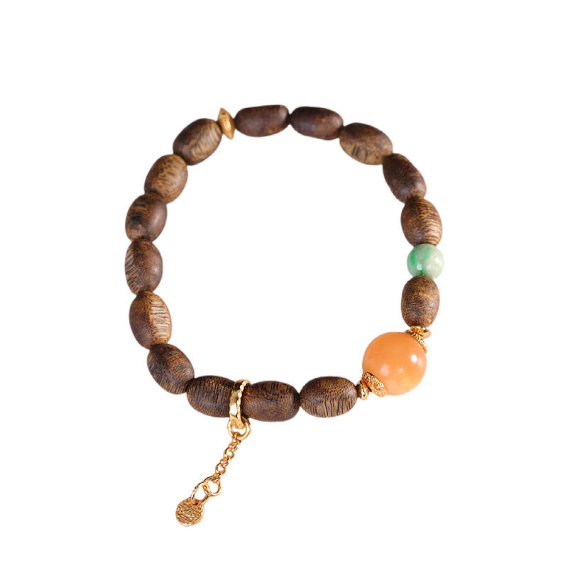 S925 Sterling Silver Plated Gold Vintage Style Agarwood & Beeswax Single-Strand Bracelet – Natural Stone Boho Jewelry for Women, Versatile Everyday Fashion Accessory