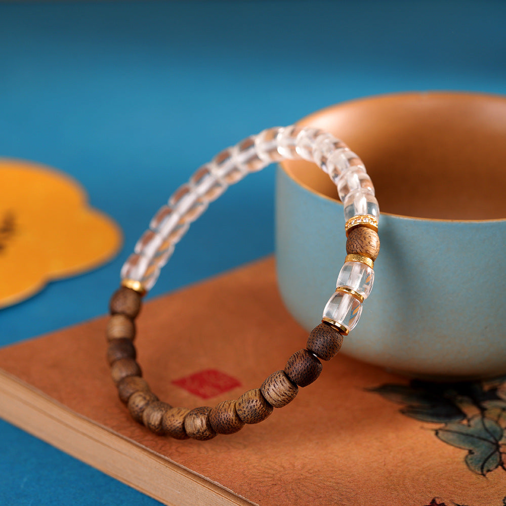 Vintage Literary Bracelet, S925 Sterling Silver Gold-Plated, Qi Nan Agarwood with White Crystal, Single-Round Wristband