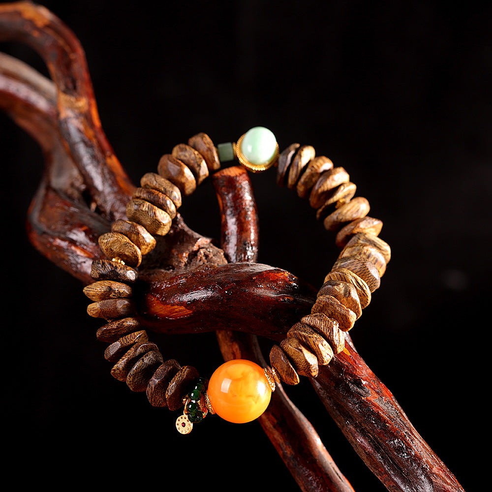 Handmade DIY Vietnamese Nha Trang Agarwood Amber Jade 925 Sterling Silver Beaded Bracelet
