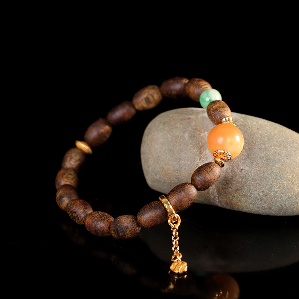 S925 Sterling Silver Plated Gold Vintage Style Agarwood & Beeswax Single-Strand Bracelet – Natural Stone Boho Jewelry for Women, Versatile Everyday Fashion Accessory