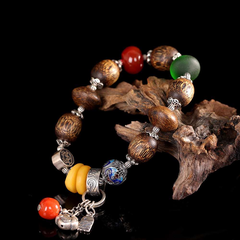 Vintage Fashion Fortune-Character Amber Glass Nanhong Agarwood Bracelet, Handmade DIY Beaded Bracelet