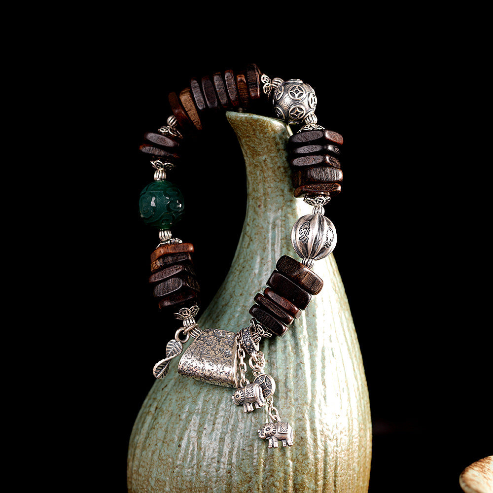 Vintage Fashion Green Agate Agarwood Bracelet, S925 Silver Elephant Accessories, Ethnic Geometric Hand Chain