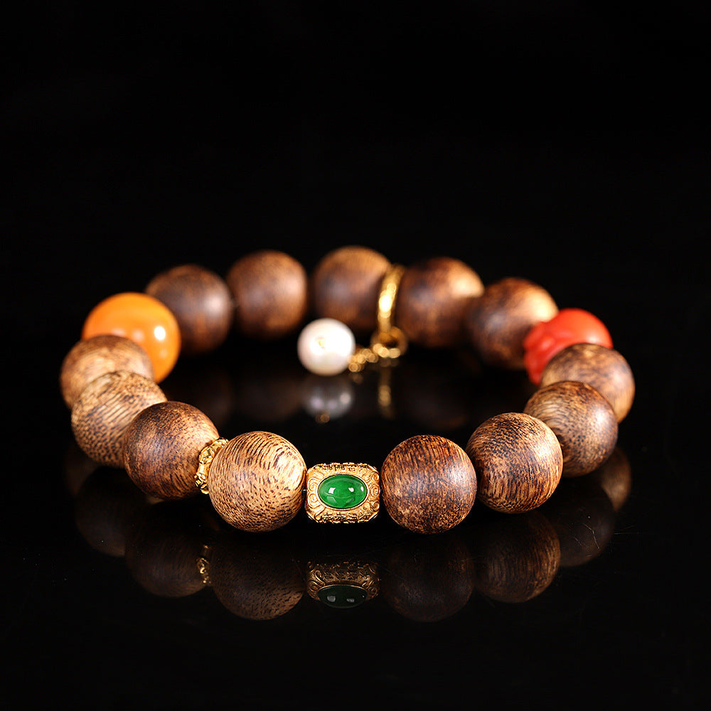 S925 Sterling Silver Plated Gold Qinan Agarwood Bracelet, Handmade Beeswax Amber Red Agate Charm Beaded Bracelet for Women, Collectible Natural Stone Jewelry