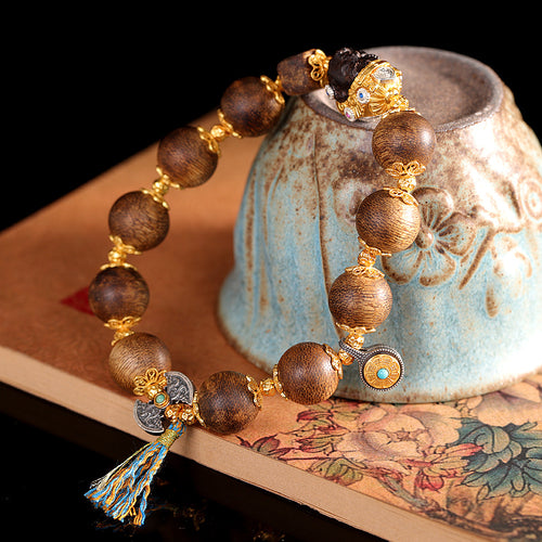 Factory Live Streaming Agarwood Round Bead Bracelet, Qi Nan Double Happiness Wealth Handmade Bracelet