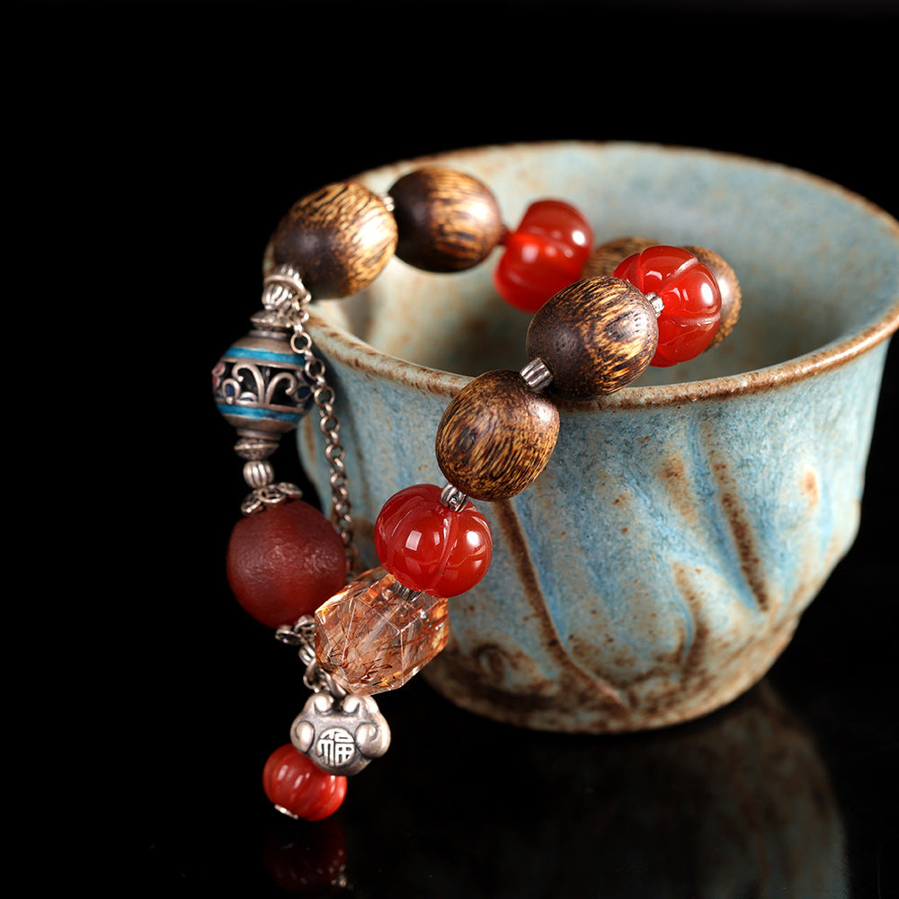 Vintage Fashion Fortune-Character Nanhong Agarwood Bracelet, Super Seven Agate, Ethnic Handmade DIY Beaded Bracelet