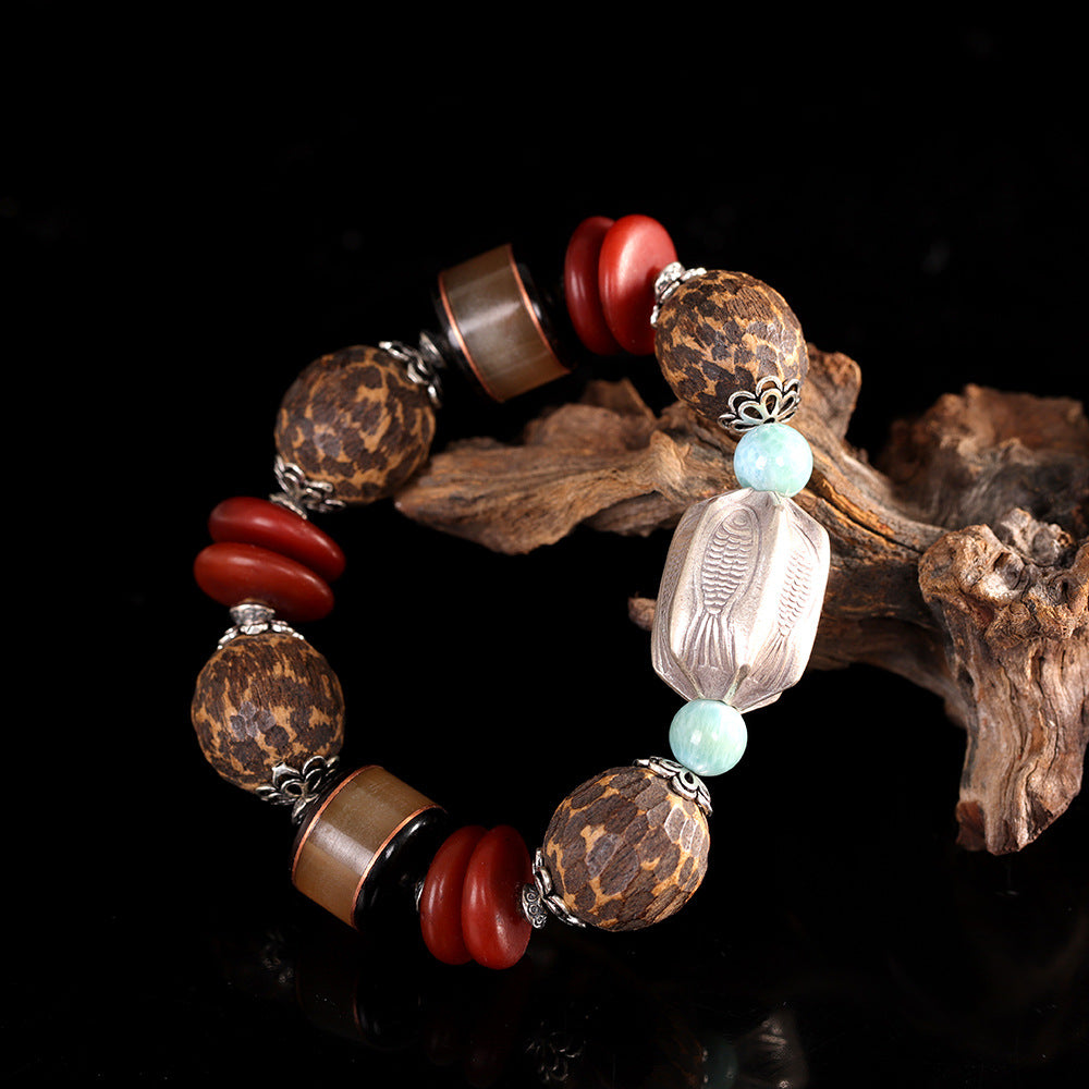 Vintage Fashion Amber Agate Sea Sediment Agarwood Duobao Bracelet, Ethnic Handmade DIY Beaded Bracelet