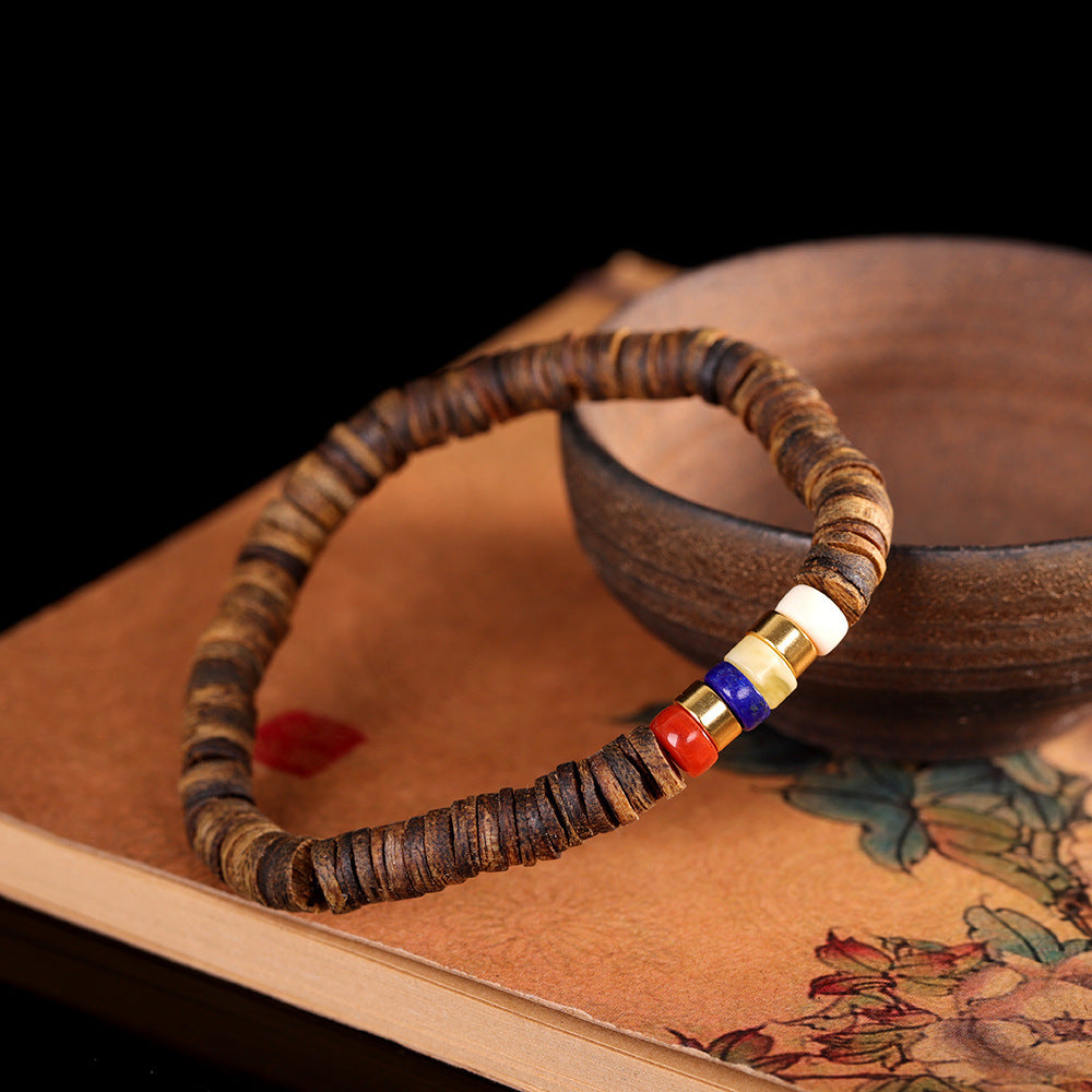 S925 Sterling Silver Plated Gold Vintage Handmade DIY Bracelet – Featuring Agarwood, Red Agate, Beeswax & Lapis Lazuli Natural Stone Beaded Jewelry for Women