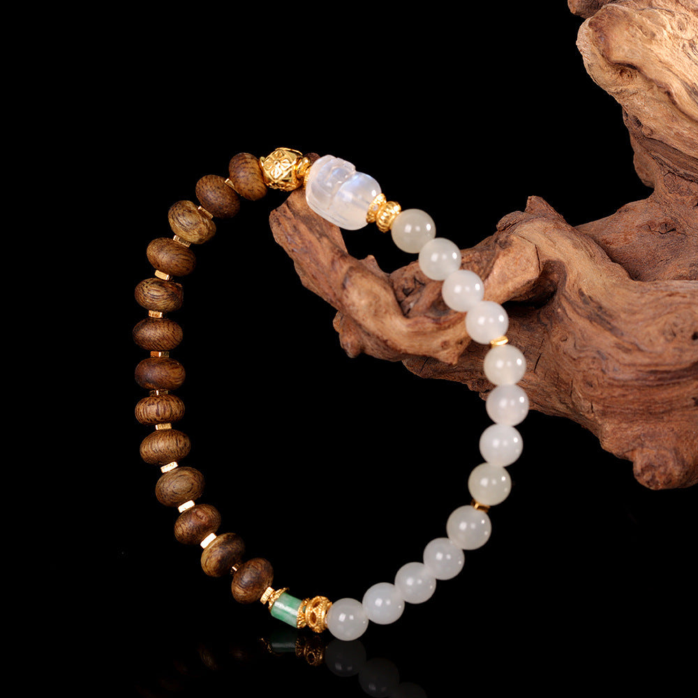 S925 Sterling Silver Gold-Plated Hardware Paired with Agarwood & Hetian Jade Bracelet – Versatile Niche New Chinese Style Handmade Jewelry for Women