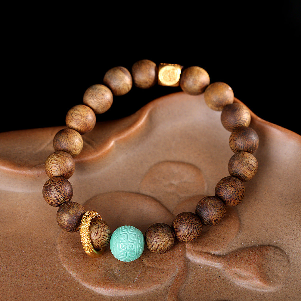 Stylish Handmade DIY Bracelet for Women – 90% Natural Agarwood & Turquoise Beads with S925 Sterling Silver Plated Gold Accents, Adjustable Boho Jewelry