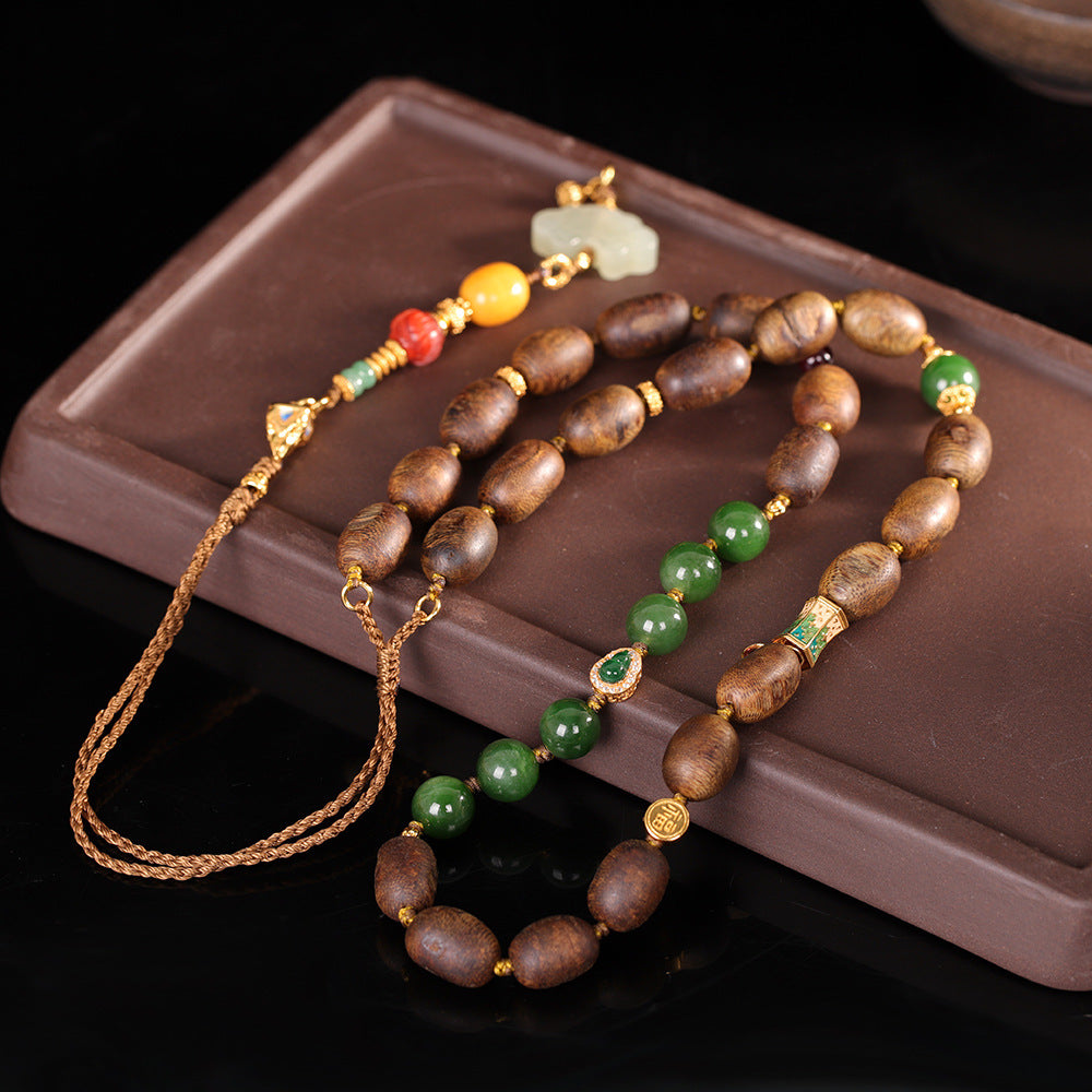 S925 Sterling Silver Gold-Plated Accessories | Agarwood Necklace with Jade and Amber – Vintage Artistic Versatile Jewelry